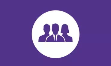 Silhouette of three people in business attire on a purple background.